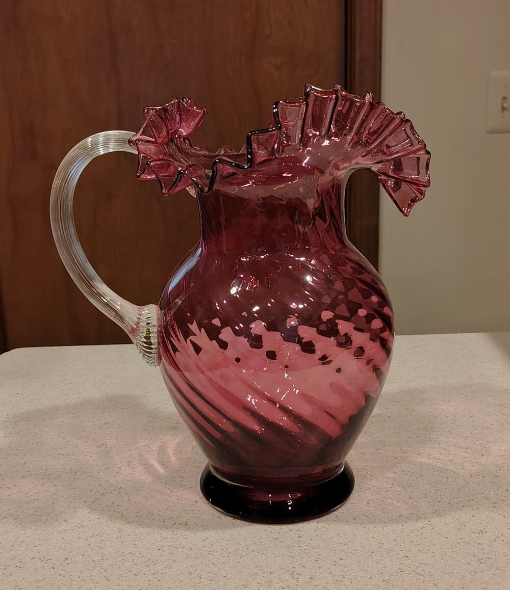 Fenton Cranberry Glass Pitcher Ruffled Rim Swirl Dot Optic Clear Handle 10"